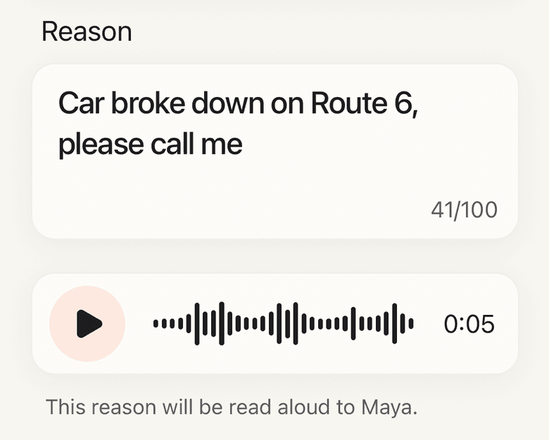 The Send Beep screen: a typed reason, 41 of 100 characters, its read-aloud preview, and who will hear it