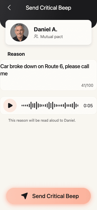BeepPact's Send Critical Beep screen: a reason typed for Daniel, 41 of 100 characters, ready to send